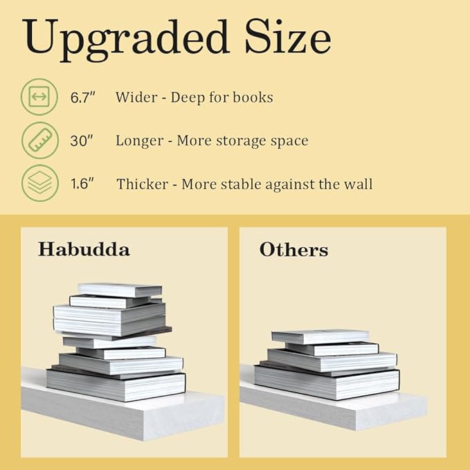 Habudda Floating Shelves for Wall, Natural Wood Shelf, 30 inch Long, White Wooden Rustic Decor for Bathroom Kitchen Bedroom, Hanging Mounted Invisible Bracket, Set of 2