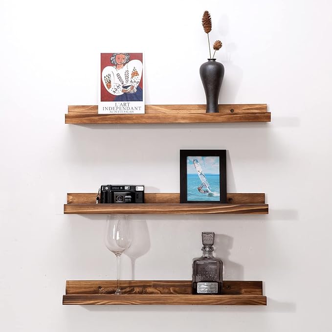 MBYD 24 Inch Carbonized Black Floating Shelves, Handmade Carbonized Black Wooden Picture Ledge Wall Shelf for Bedroom, Living Room, Office, Kitchen, Set of 3 Same Dimensions