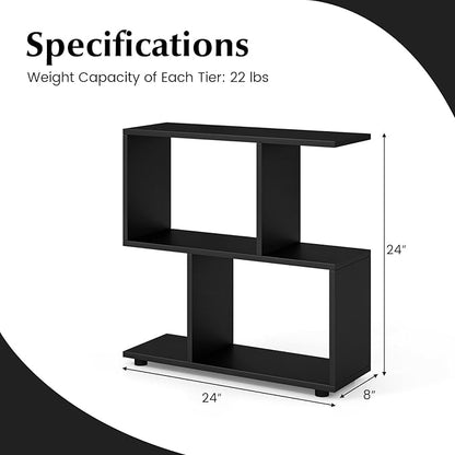 Giantex 3-Tier Geometric Bookshelf Set of 2, 24" Tall Wood S-Shaped Display Shelves with Thick Foot Pads, Freestanding Open Shelves Nightstand, Floor Standing Display Shelf Bookcase, Black