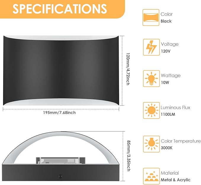FOLKSMATE Modern LED Wall Sconces, 3000K Warm White Hardwired Wall Lights Set of 2, 10W Up and Down Wall Mount Light, Matte Black Indoor Sconces Wall Lighting