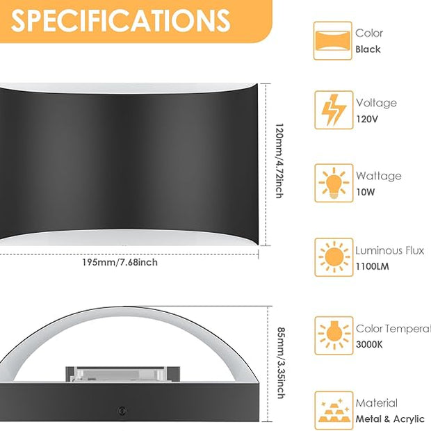 FOLKSMATE Modern LED Wall Sconces, 3000K Warm White Hardwired Wall Lights Set of 2, 10W Up and Down Wall Mount Light, Matte Black Indoor Sconces Wall Lighting