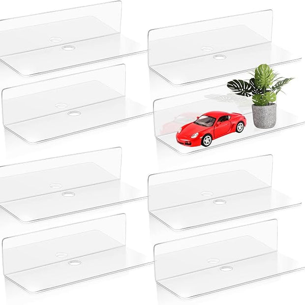 Maitys 8 Pcs Acrylic Floating Shelves 9 Inches Adhesive Wall Mounted Shelves No Drill Hanging Acrylic Wall Display for Living Room Bathroom Bedroom Kitchen Office(Clear)