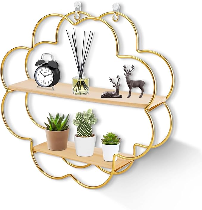 Floating Shelves for Wall, Wooden 2-Tier Wall Mounted Shelves, Flower Shape Hanging Bathroom Shelves, Shower Shelf Bathroom Accessory for Bedroom Kitchen Living Room Office
