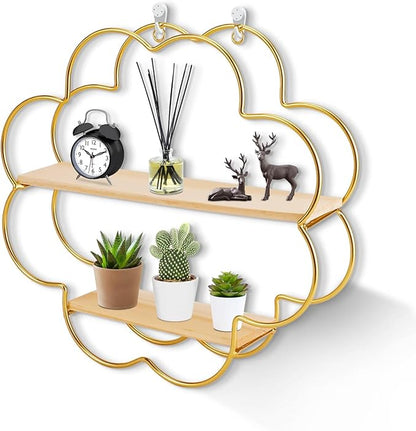 Floating Shelves for Wall, Wooden 2-Tier Wall Mounted Shelves, Flower Shape Hanging Bathroom Shelves, Shower Shelf Bathroom Accessory for Bedroom Kitchen Living Room Office