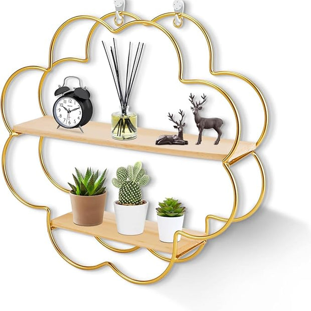 Floating Shelves for Wall, Wooden 2-Tier Wall Mounted Shelves, Flower Shape Hanging Bathroom Shelves, Shower Shelf Bathroom Accessory for Bedroom Kitchen Living Room Office
