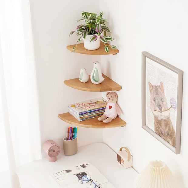 Oak Corner Shelf 9 inches Natural Wood Floating Corner Shelves Round End Wall Mounted Display Shelf Corner Plant Stand for Bathroom Kitchen Bedroom Livingroom Floating Shelves