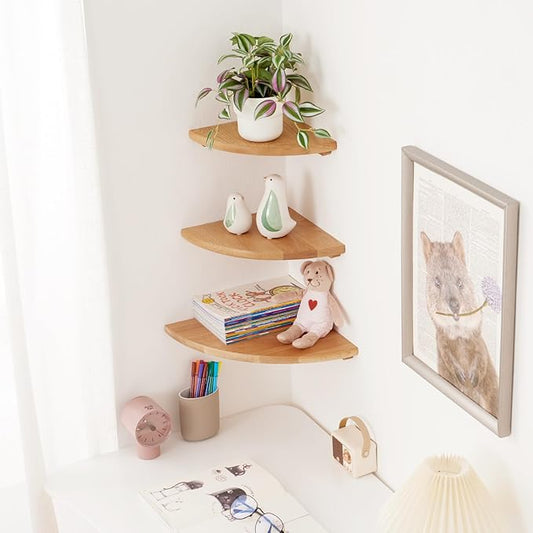 Oak Corner Shelf 7 inches Natural Wood Floating Corner Shelves Round End Wall Mounted Display Shelf Corner Plant Stand for Bathroom Kitchen Bedroom Livingroom Floating Shelves