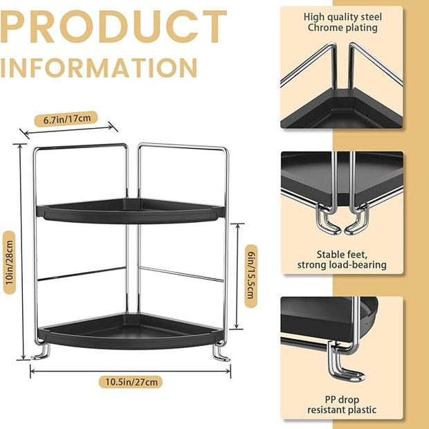 2-Tier Bathroom Organizer Countertop Corner - Makeup Organizer Cosmetic Perfume Holder Bedroom Storage Shelf or Kitchen Spice Rack (Chrome + Black)