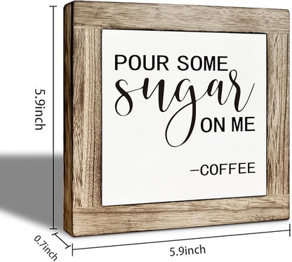 Coffee Bar Decor, Funny Pour Some Sugar on Me Wooden Box Sign, Freestanding Home Decor, Coffee Decorations for Cafe Bar, for Wall Table Top Desk Decoration 5.9×5.9 inch