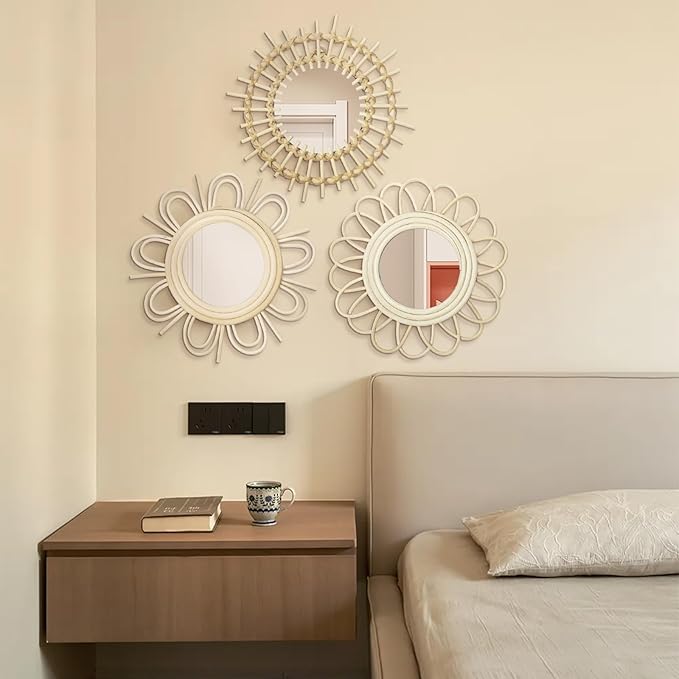Briful Beige Wall Mirrors Decor Set of 3 Wooden Round Wall Mirrors Wall-Mounted Sunburst Mirrors Hanging Wall Art for Living Room Home Indoor Bedroom Decor