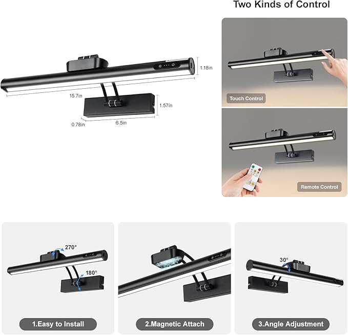 Magnetic Cordless Picture Light with Remote/Touch Control & Timer, 3CCT Dimmable, Angle Adjustable 16in Metal Wall Lights with 5000mAh Battery for Artwork, Painting, Portrait, Gallery, Photo, Black