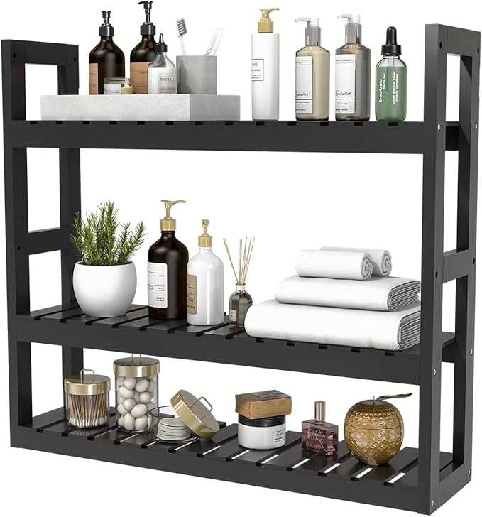 Domax Bamboo Bathroom Shelf 3-Tier Wall Mount Storage Rack Multifunctional Adjustable Layer Free Standing Over Toilet Utility Shelves Living Room Kitchen (Black)