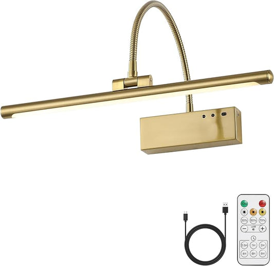 JOOSENLUX Rechargeable Picture Light with Remote Control - 3 Color Temperatures, Timer, Flexible Neck for Artwork & Piano Lighting, 5000mAh Battery, Brass Finish 2700K CRI95+