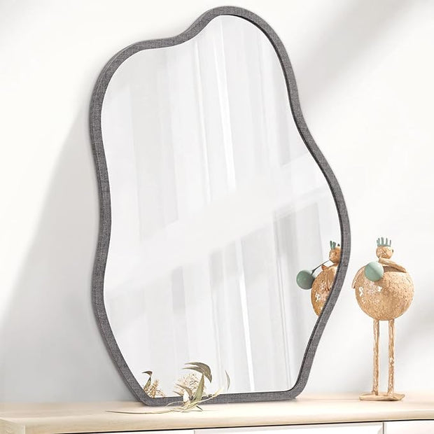 Wood Frame Mirrors Asymmetrical Irregular Wall Unique Shape Modern Wall Mounted Vanity Artistic Mirror Decorative for Living Room Bedroom Bathroom Entryway Hallway Small 14"x10"