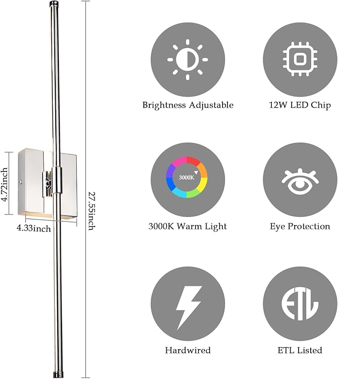 Modern LED Wall Sconces, Hardwired Wall Sconces, 3000K Warm Light Wall Lamp, Wall Light Fixtures for Living Room, Bathroom, Bedroom, Chrome