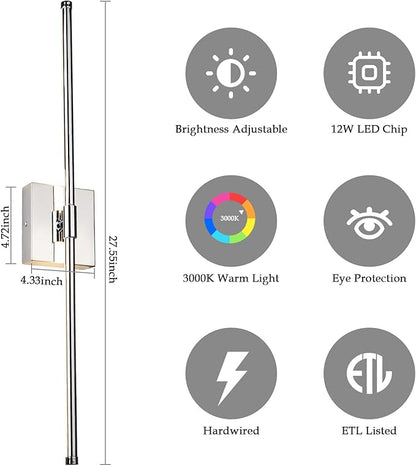 Modern LED Wall Sconces, Hardwired Wall Sconces, 3000K Warm Light Wall Lamp, Wall Light Fixtures for Living Room, Bathroom, Bedroom, Chrome