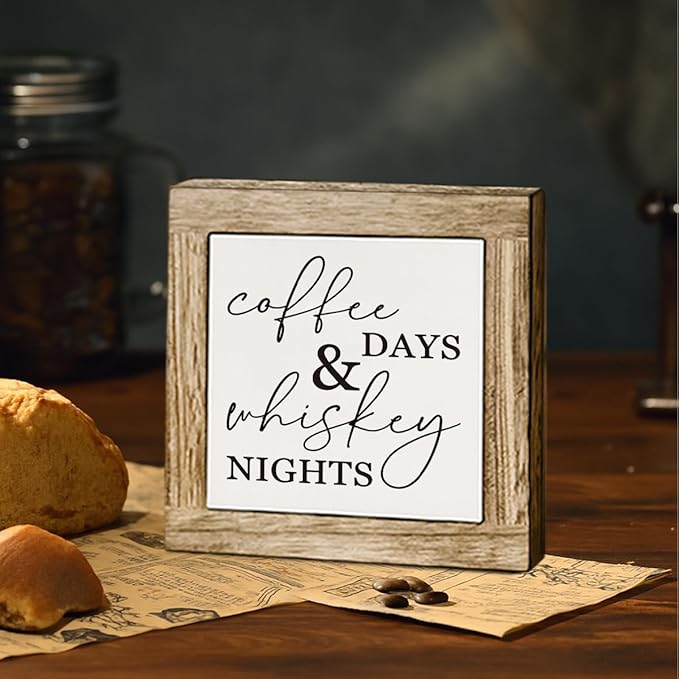 Coffee Bar Wooden Decor, Coffee Day Whiskey Nights Sign, Farmhouse Cafe and Bar Table Top Decoration, Rustic Wooden Table and Shelves Decor 5.9X5.9 Inches