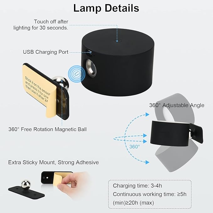 Lightess Rechargeable Wall Lights with Remote, 5000mAh Battery Operated Wall Sconce Set of 2, 19 Colors Dimmable Wall Mount Light, 360° Rotation Cordless Wall Lamps for Bedroom Bedside Hallway, Black