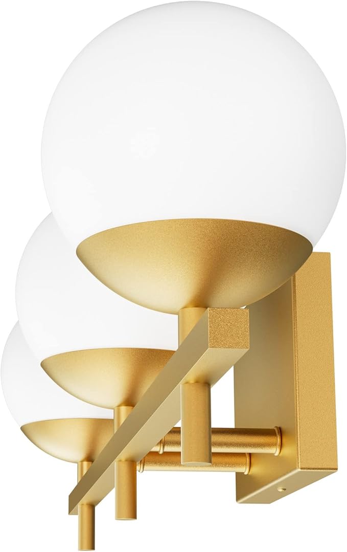 Ralbay Mid Century Modern Gold Bathroom Light Fixtures Gold Milky Glass Modern Bathroom Vanity Lights Over Mirror, Gold 3-Light (Exclude Bulb)