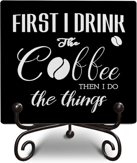 Coffee Lover Gifts for Family Friend Coworker Inspirational Wooden Signs for Farmhouse Bedroom Living Room Coffee Bar Shelf Desk Decoration Funny Wooden Decor Sign Gift, 5 X 5 Inches-B11