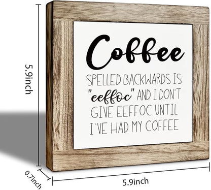 Farmhouse Coffee Bar Sign, Rustic Coffee Spelled Backwards is Eeffoc Wood Box Sign, Funny Wooden Box Signs, Farmhouse Home Kitchen Desk Shelf Decor 5.9×5.9 inch