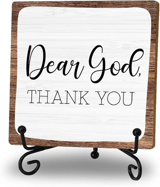 Rustic 'Dear God Thank You' Wooden Plaque - Christian Decor with Iron Stand - Simple Prayer Sign for Home Church Office Fireplace Coffee Table Decor - Inspirational Gift for Thanksgiving & Holidays