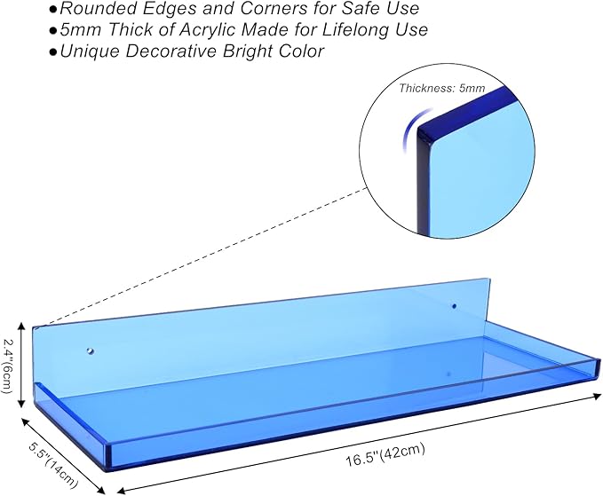 Floating Shelves for Wall Acrylic Wall Shelves for Bedroom Bathroom Living Room Kitchen 16.5X5.5'', Pack of 2, Blue