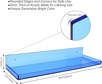 Floating Shelves for Wall Acrylic Wall Shelves for Bedroom Bathroom Living Room Kitchen 16.5X5.5'', Pack of 2, Blue