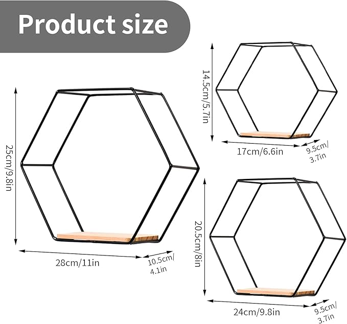 Wall Mounted Hexagonal Floating Shelves Black Set of 3 in Different Sizes, Modern Metal Wall Shelf, Simple Wood Partition Storage Shelves, Wall Decor Rack for Bedroom, Living Room, Kitchen and Office