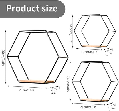 Wall Mounted Hexagonal Floating Shelves Black Set of 3 in Different Sizes, Modern Metal Wall Shelf, Simple Wood Partition Storage Shelves, Wall Decor Rack for Bedroom, Living Room, Kitchen and Office