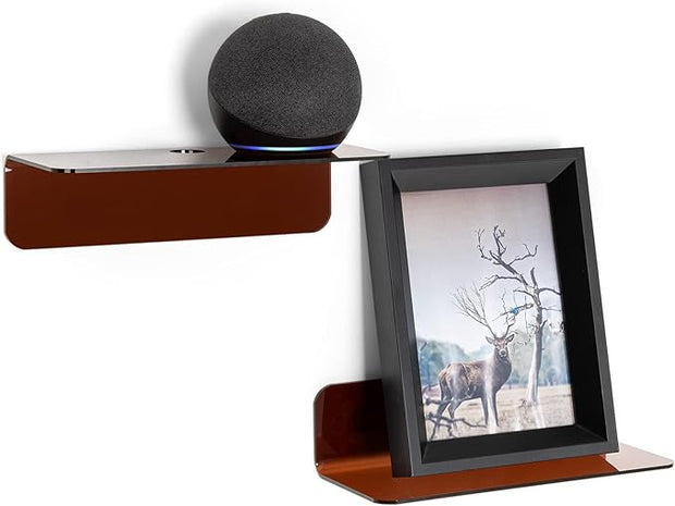 OAprire Acrylic Floating Shelves Set of 2 - Expand Wall Space - 9 Inch Small Adhesive Shelf for Bedroom, Bathroom, Kitchen, Living Room, Office with Cable Clips (Brown)