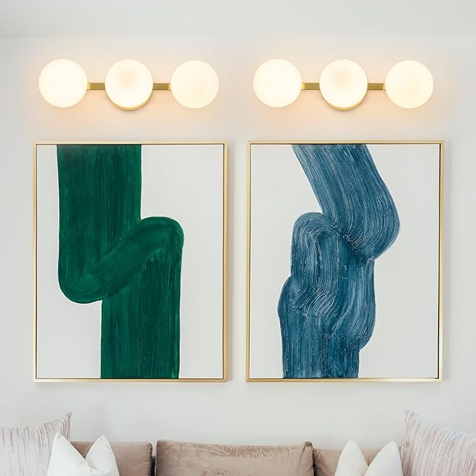 Bathroom Vanity Mirror Light Fixtures: 3 Lights Bath Wall Sconce Lighting - Brass Gold Vanity Lights with Milk Glass Shade - Modern Minimalist Makeup Light Fixture Above Mirror for Hallway E26 Base