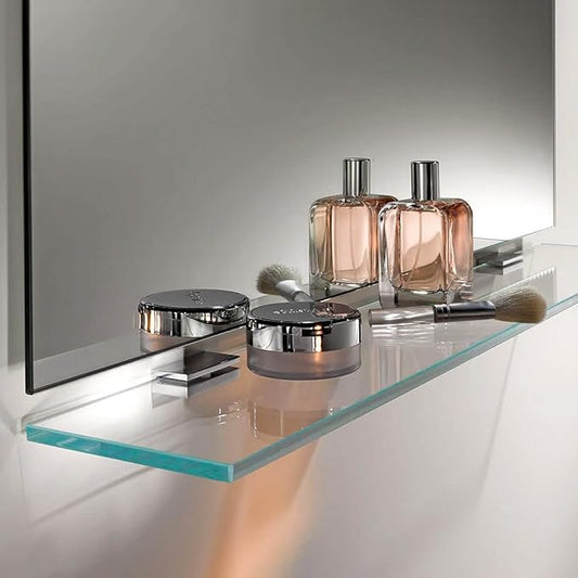 Fab Glass and Mirror Rectangle Floating Glass Shelve, 6"x18" Inches, 3/8 Thick Clear Glass with Flat Polished Edge-‎Easy Installation with Screws, and Peacock Chrome Finish Brackets