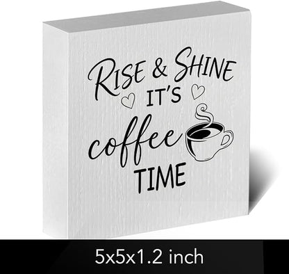 Farmhouse Coffee Bar Sign 5x5 Inch - "RISE & SHINE IT'S COFFEE TIME" Rustic Coffee Bar Decor, Farmhouse Style Shelf/Tabletop Decoration for Kitchen Café