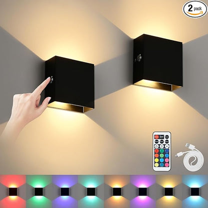Battery Wall Sconces Set of Two, Rechargeable Colored Wall Lights with Remote, Stick Up and Down Indoor Lighting Cordless Sconce for Hallway, Black