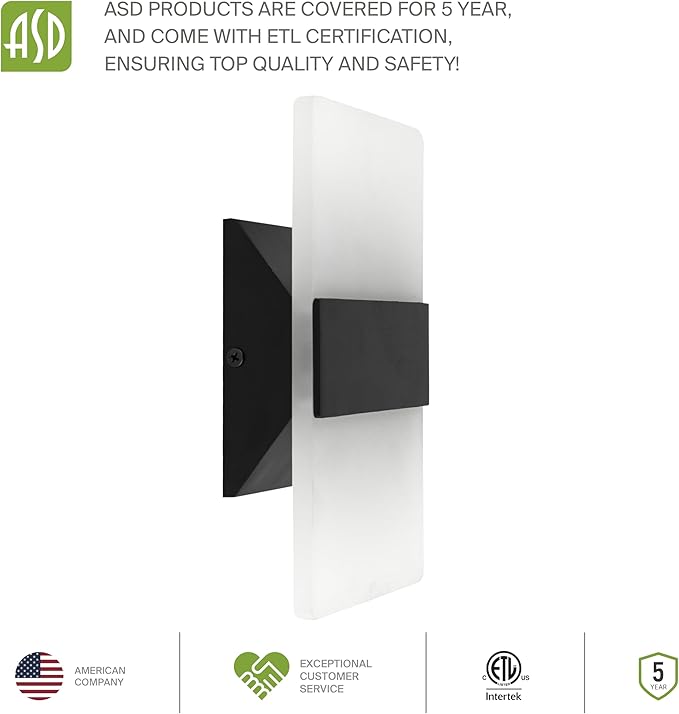 ASD LED Indoor Wall Mount Light Fixture - 8 Inch 10W Modern Interior Matte Black Dimmable Wall Sconce Light - ETL 2700K-5000K Adjustable - Hallway, Bedroom LED Wall Lights