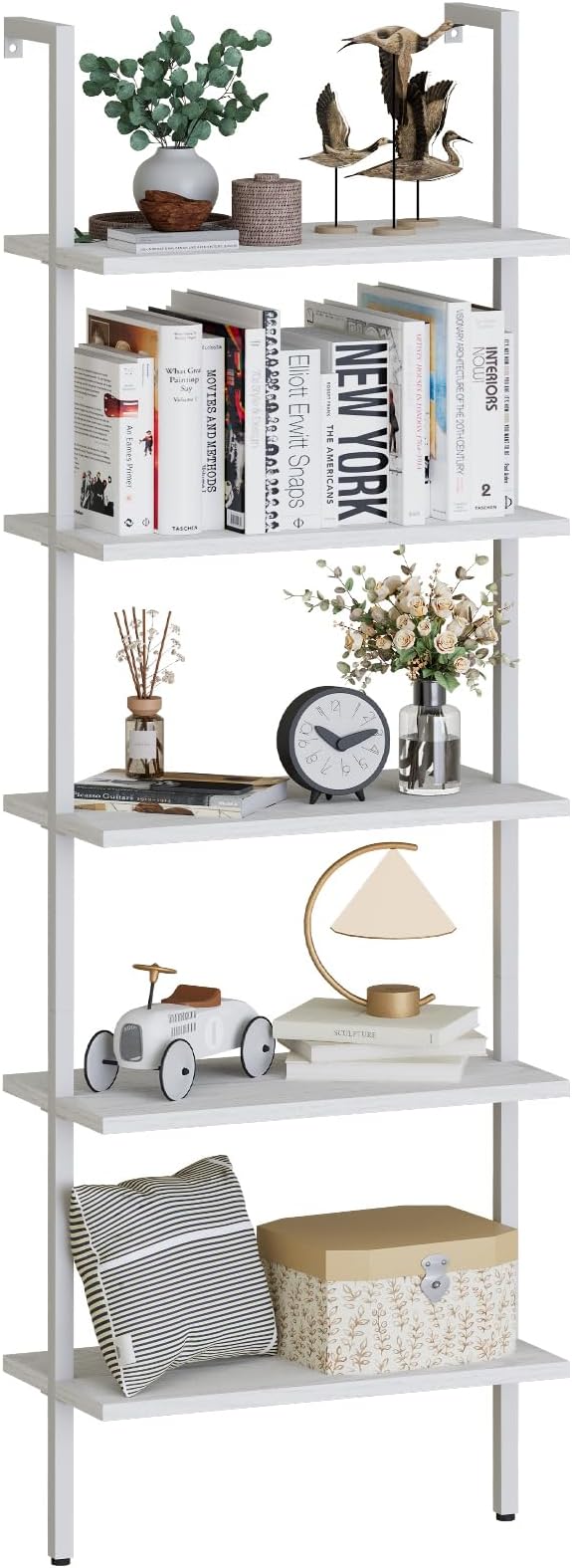 aboxoo Ladder Shelf White Wooden Bookshelf 5-Tier Wall-Mounted Open Wood Rack Industrial Modern Plant Flower Stand Utility Organizer Bookcase Metal Frame Furniture Office Kitchen Bedroom