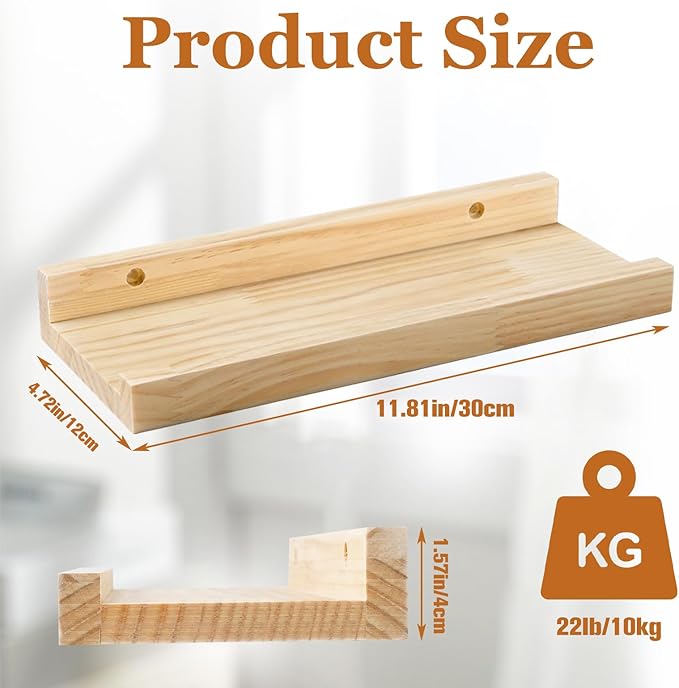 Jeffbaubl Floating Shelves Set of 2, 11.8inch Picture Ledge Shelf for Wall Decor Storage, Natural Wood Wall Shelves with Lip for Bedroom Living Room Kitchen Nursery Books Photo Frames, Natural