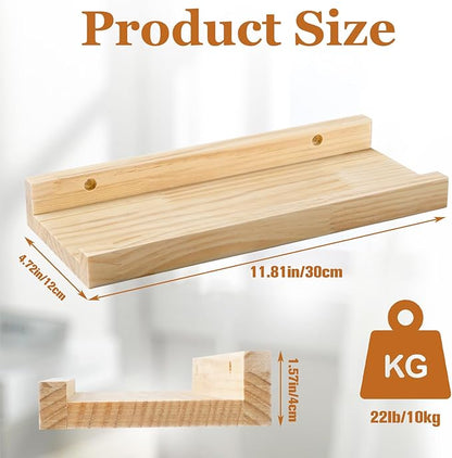 Jeffbaubl Floating Shelves Set of 2, 11.8inch Picture Ledge Shelf for Wall Decor Storage, Natural Wood Wall Shelves with Lip for Bedroom Living Room Kitchen Nursery Books Photo Frames, Natural