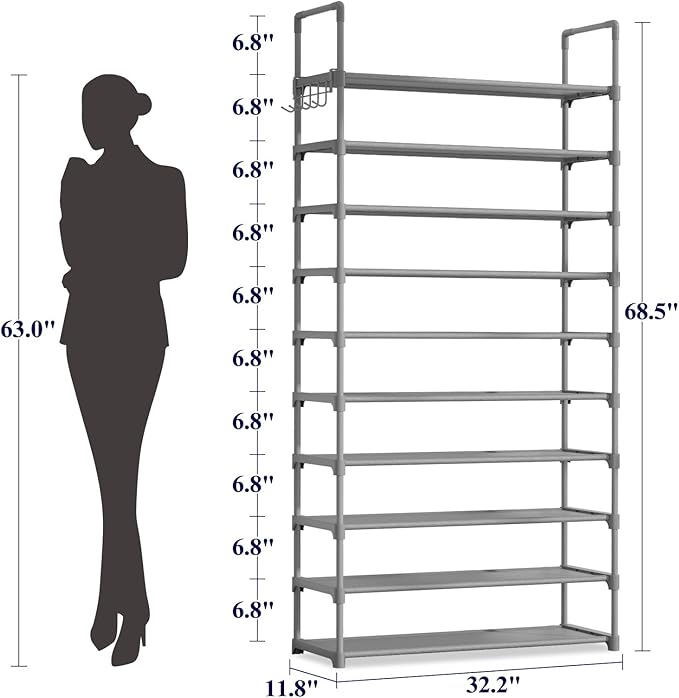 Kitsure Shoe Rack for Closet - 10-Tier Shoe Organizer with Hook Rack, Large-Capacity & Space-Saving Shoe Shelf for Entryway, Bedroom, Living Room,32.2