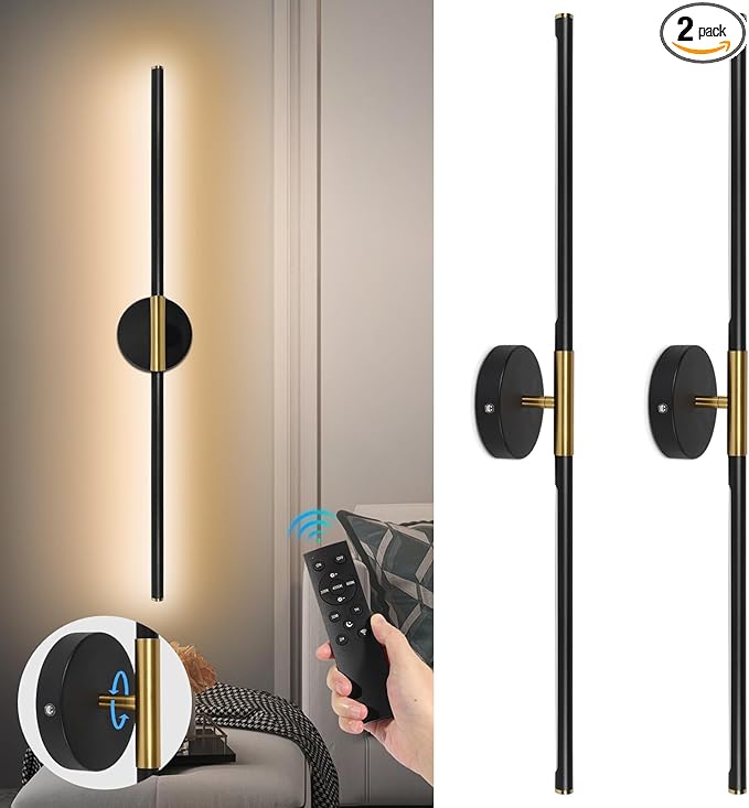 Battery Operated Wall Sconces Set of Two, 360°Rotate Wireless Rechargeable Wall Sconces with Remote Control, Black Gold, Dimmable, Timing Decor Lights for Bedroom Hallway, 31.5 Inch
