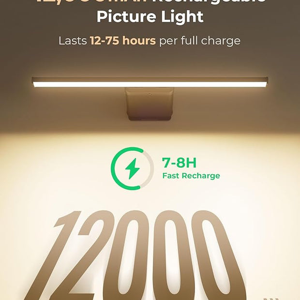 Picture Light for Wall Rechargeable Art Light with Remote, 3 Colors & 5 Brightness Levels, 12000mAh Battery Operated Lights for Pictures, Gallery, Bedroom, Hallway, Frame, Living Room (Black,1 Pack)