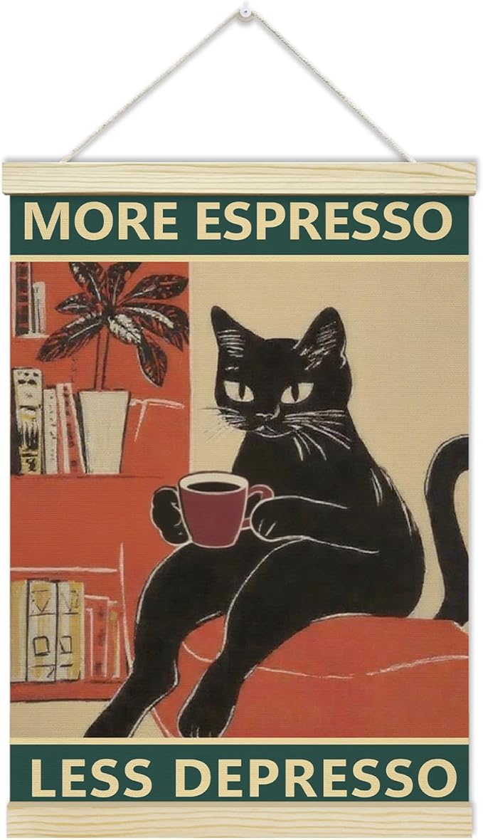 LETUROIA Black Cat Coffee Poster Hanger Frame, Espresso Canvas Wall Decor(12×16"), Wall Art For Home Kitchen Cafe Bar Shelf Office -38