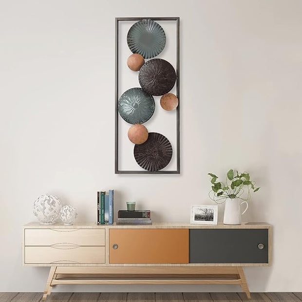 American Aluminum 10-Inch-by-24-Inch Wall Decor with Frame, Turquoise / Brown Plates