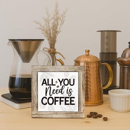 Coffee Bar Decor, All You Need is Coffee Decoration Sign, Square Wood Block Sign Table Decoration, Freestanding Home Decor, Rustic Wood Signs for Kitchen Cafe Bar 5.9×5.9 inch