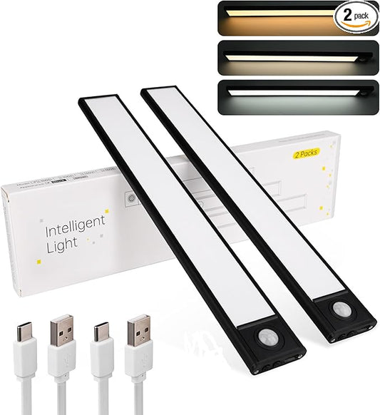 Under Cabinet Lighting, Motion Sensor 54 LED Under Cabinet Lights, 2Pack Rechargeable, 12inch 3 Colors Dimmable Closet Lights Under Counter Lights for for Kitchen, Shelf, Stair, Hallway(Black)