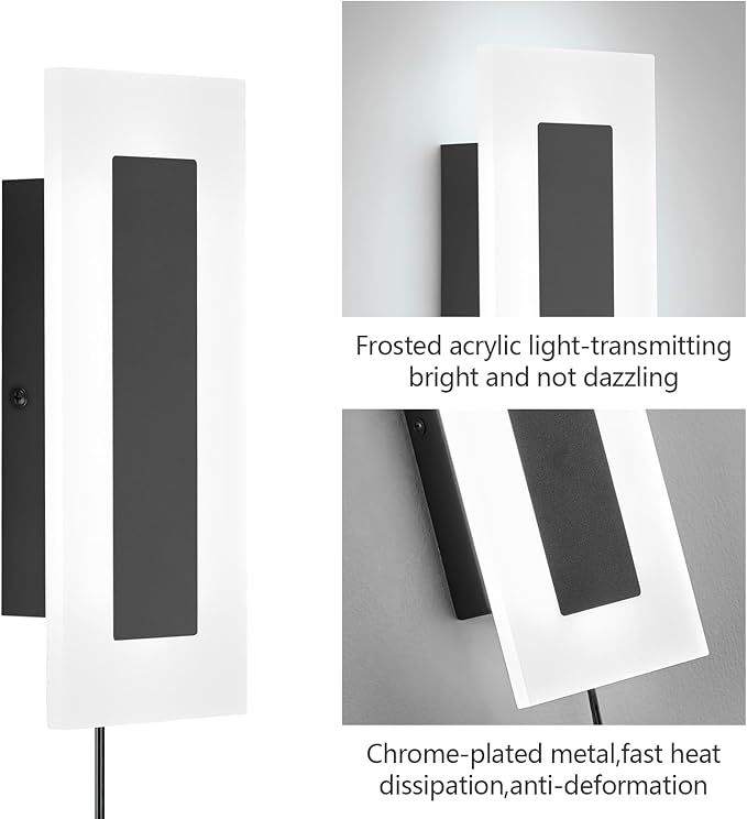 LMQNINE Modern Plug in Wall Sconces Set of Two 9W 6000K Acrylic Black Wall Sconce Wall Lighting with 6ft Plug in Cord and On/Off Switch for Bedroom Living Room Hallway Staircase Corridor