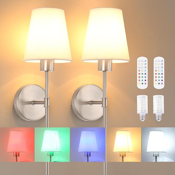 Battery Operated Wall Sconces Set of 2, 80H Usage Time 22.6" Rechargeable Wall Light with Dimmable Bulb, 12 Colors Wall Sconce for Bedroom Living Room, Silver