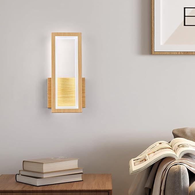Modern Wood Color Wall Sconce 18W Indoor LED Wall Fixture 6000K Simple Rectangle Wall Lights for Living Room Bedroom Staircase Hallway(1Pack)
