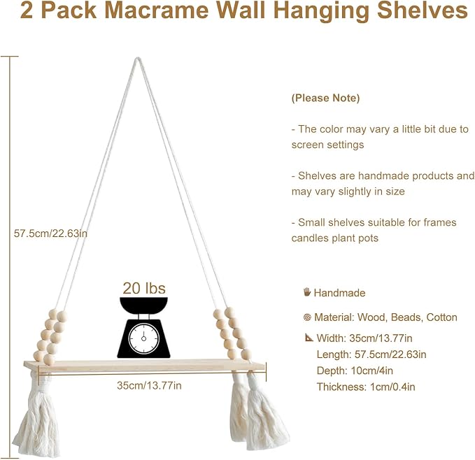 Artilady 2 Pack Wooden Wall Hanging Shelves - Macrame Hanging Plant Shelf with Tassel,Boho Storage Floating Shelves Handmade Rustic Hanger Planter Rack Pot Stand Holder